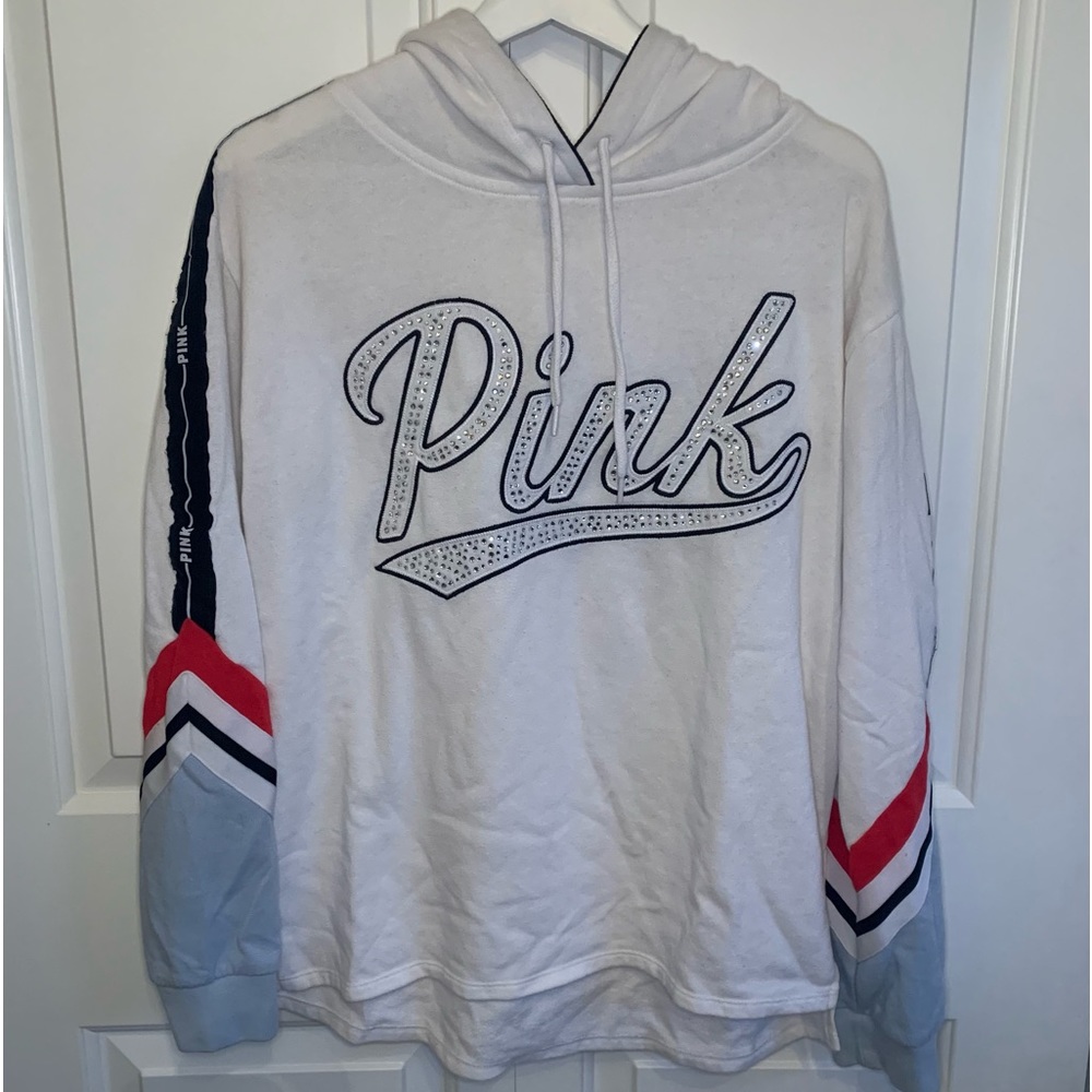 PINK Victoria’s Secret Red White & Blue Sweatshirt Varsity Print Bedazzle